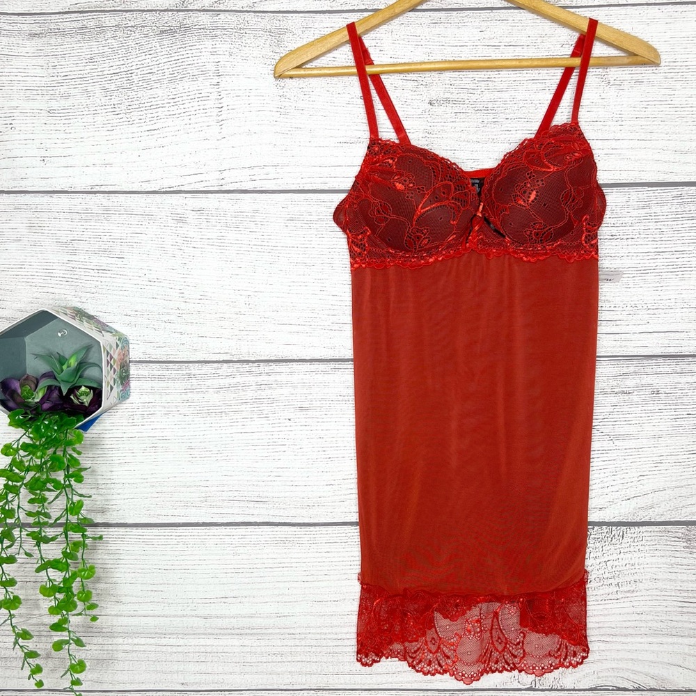 NWT Red Lace Mesh Babydoll Bra Top Chemise Lingerie Size Medium